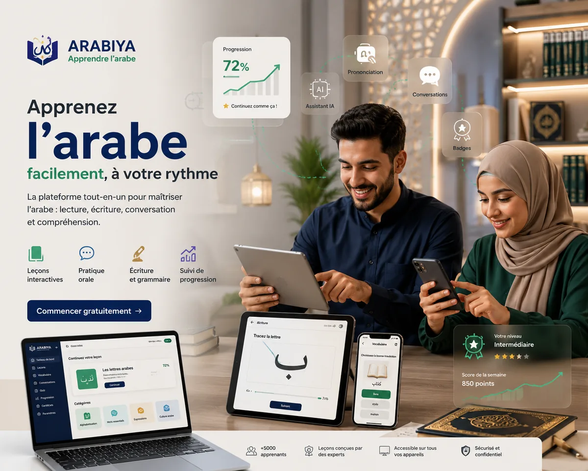 Deux étudiants apprenant l'arabe sur tablette, téléphone et ordinateur avec la plateforme Arabiya